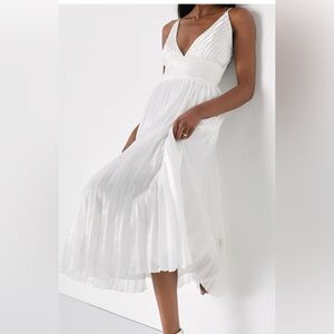 Romantic Aesthetic Shiny White Pleated Midi Dress